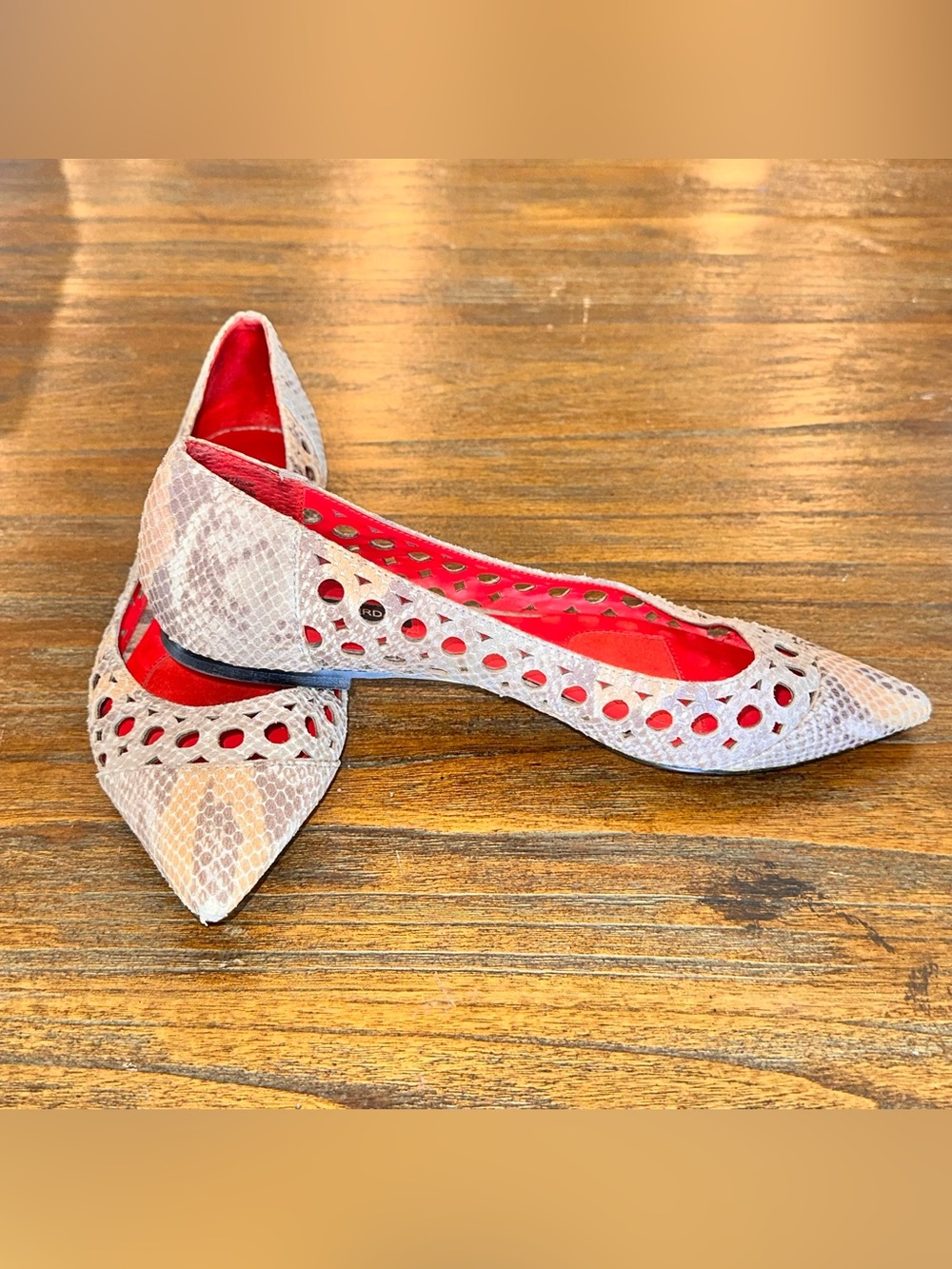 Vintage Charles Jourdan Cutout Ballet Flats Snake Print with Red Lining